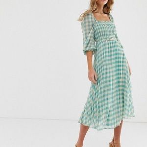 ASOS Shirred Pleated Midi Dress in Green Gingham